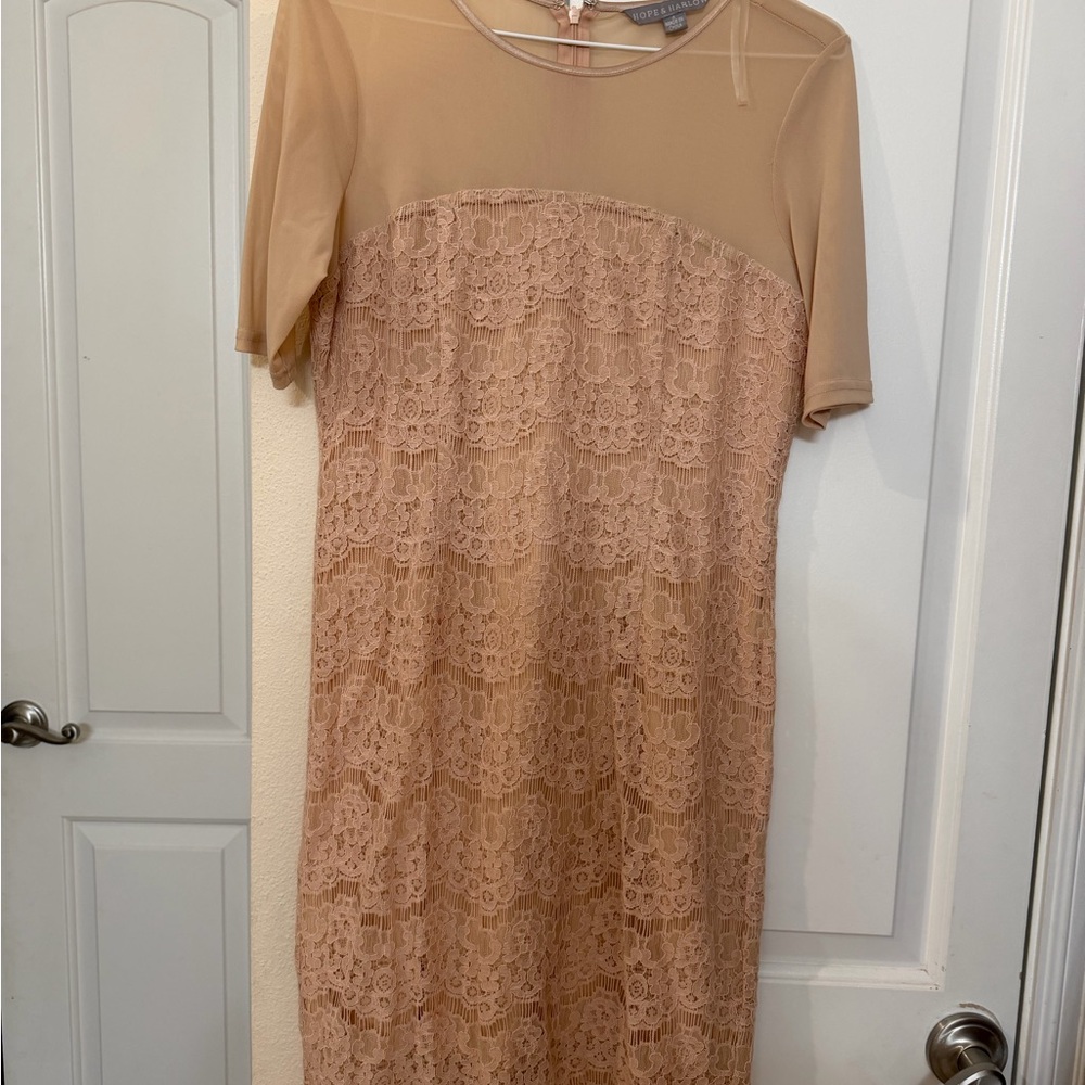 Elegant Lace Overlay Dress in Tan